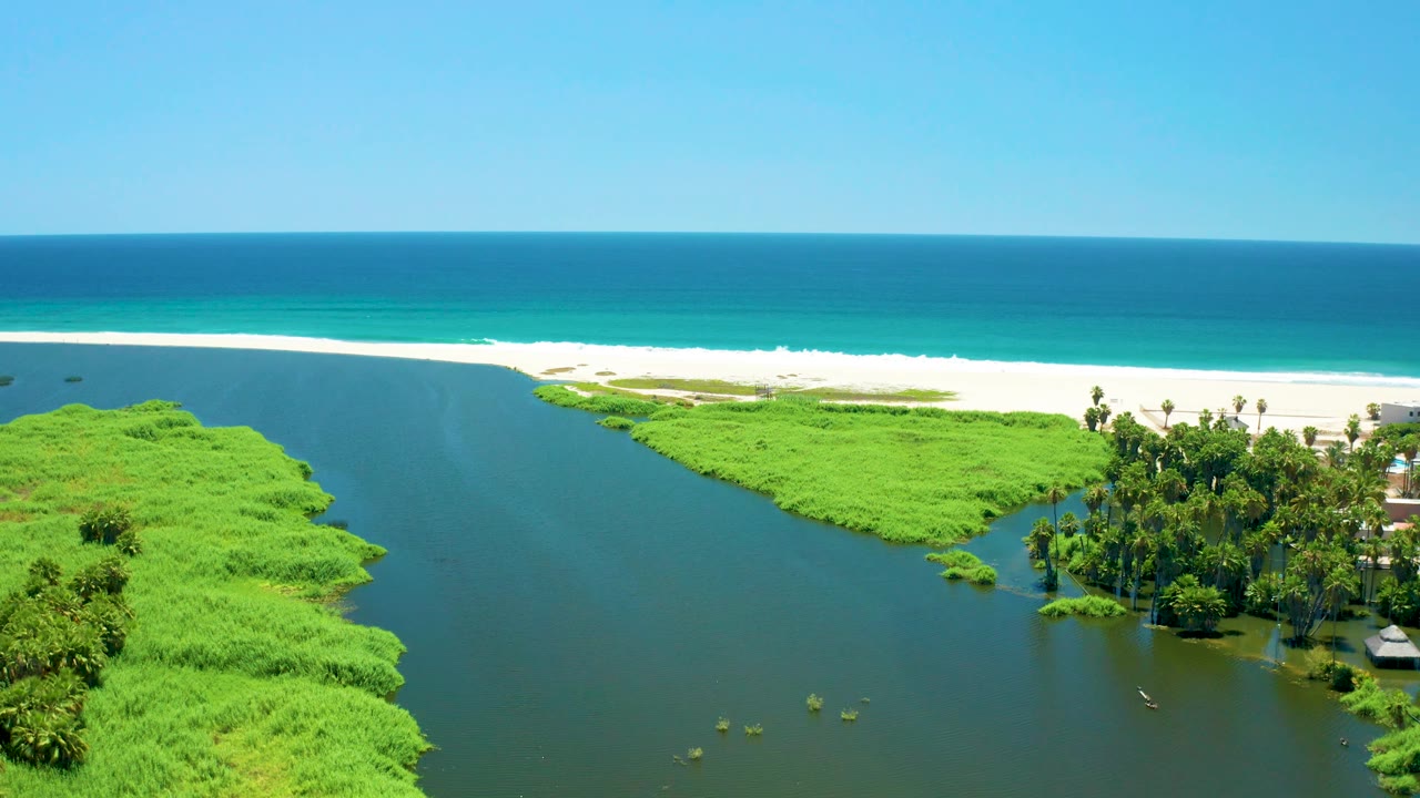 Aerial view of San Jose del Cabo Estuary where a broad dark water channel sits between bright vegetation and a white beach, with palms and a small roofed structure near the right edge and no visible people.