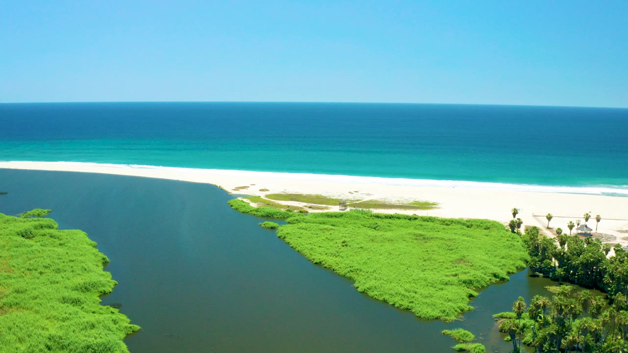 Opening aerial frame over San Jose Del Cabo Estuary with dark river water, bright green banks, a white sand beach, turquoise ocean bands, and no visible people.