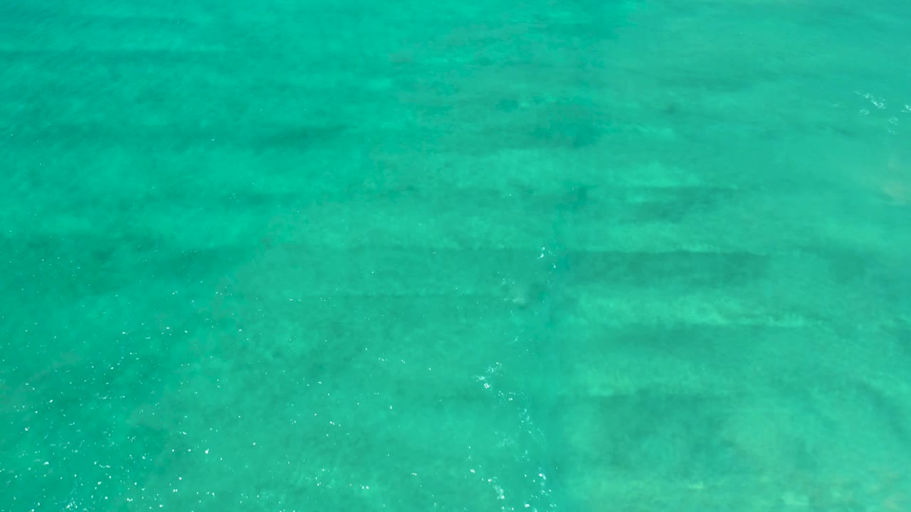 Blue green water surface with ripples and pale underwater patches.