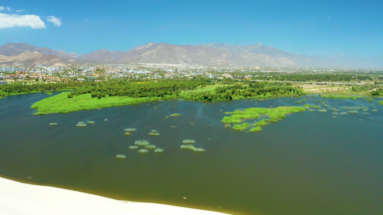 Opening aerial frame over San Jose del Cabo Estuary water with bright green algae patches, a pale foreground edge, distant city buildings, mountains, clear blue sky, and no visible people.