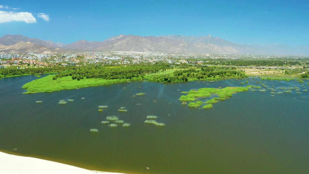 San Jose del Cabo Estuary aerial with open green-brown water in front, scattered algae mats, a dense green bank, low city development, mountains, clear sky, and no visible people.