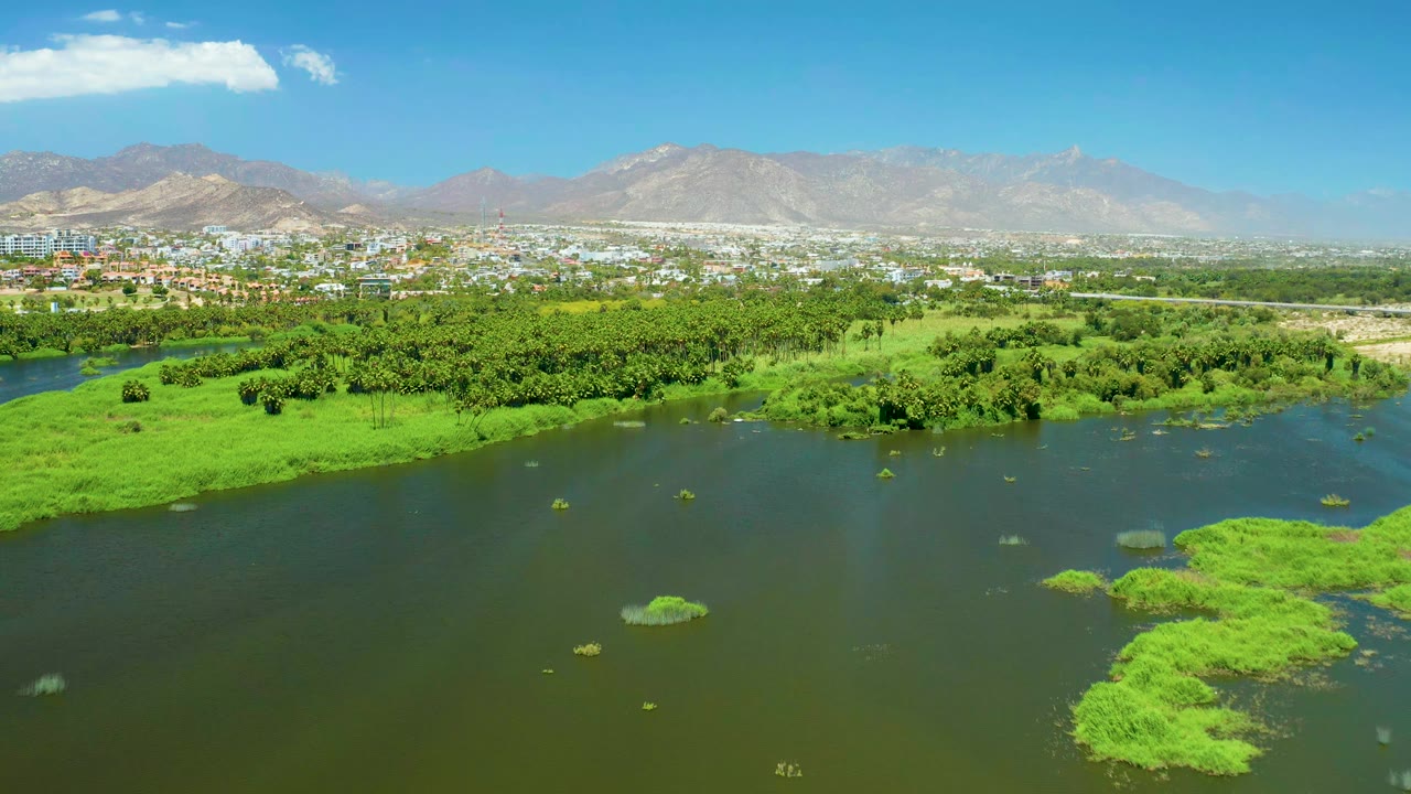 Wide aerial over green river water and bright estuary vegetation near a distant city.