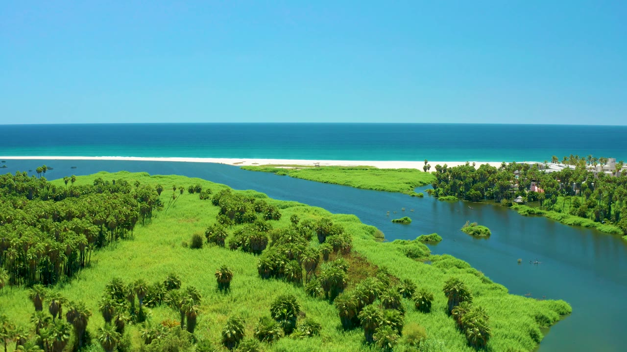 Wide aerial frame over San Jose del Cabo Estuary with marshy green banks, a broad river channel, a pale beach strip, blue ocean, and no visible people.