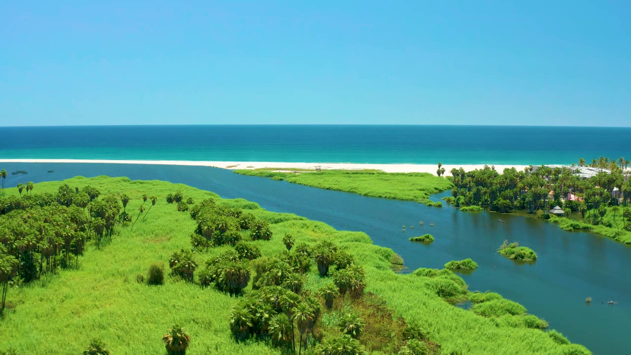 Aerial view over the San Jose del Cabo Estuary showing bright green vegetation around a calm river, with pale sand and blue ocean in the distance and no visible people.