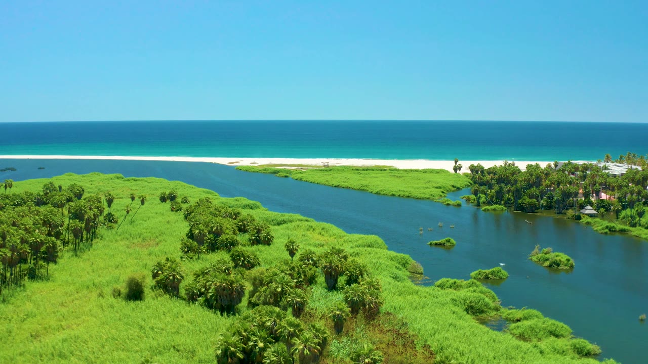 Wide aerial over San Jose del Cabo Estuary showing the river bend, bright grassy banks, small tree clusters, a narrow beach, and layered blue ocean with no visible people.