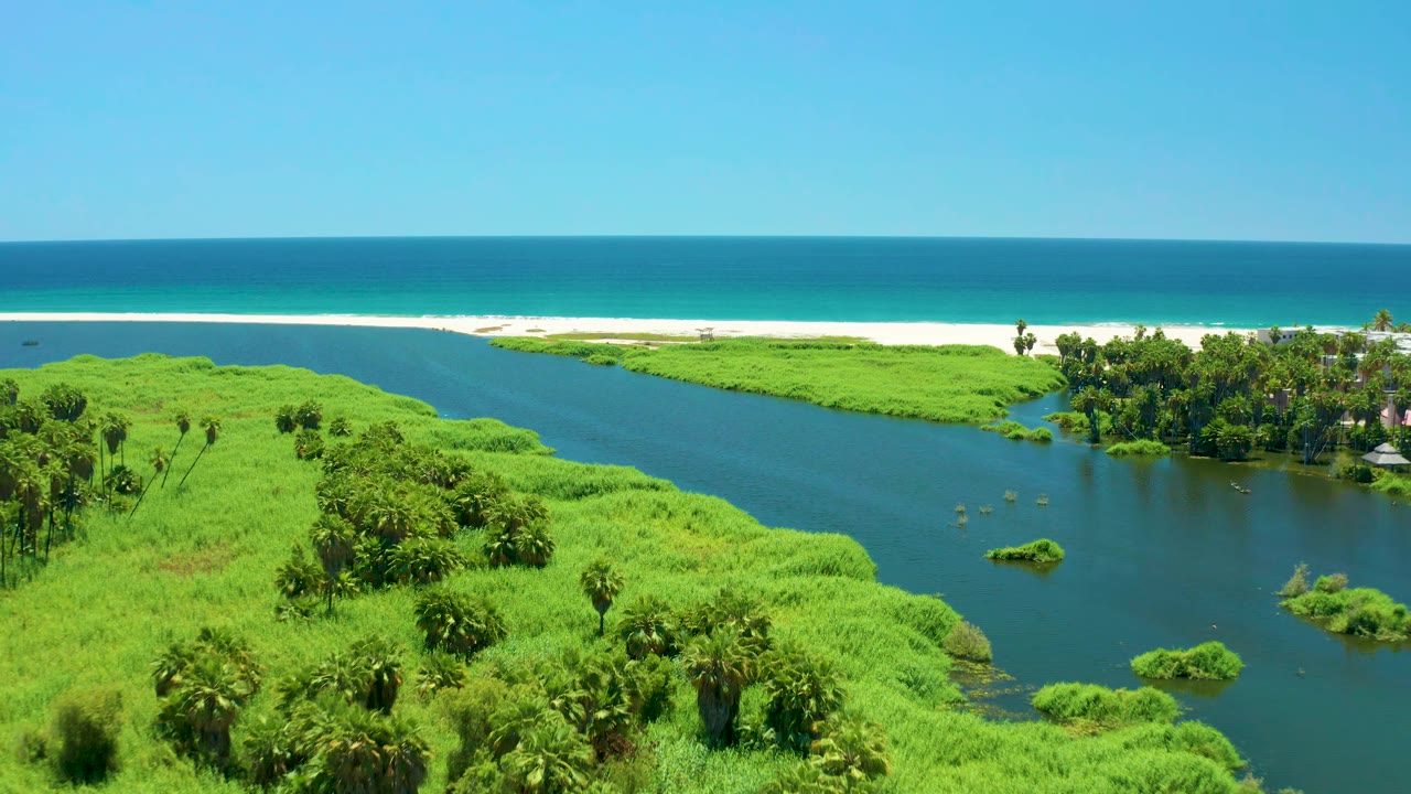 A second aerial view over the San Jose Del Cabo Estuary shows the river curving through vivid green banks toward a pale beach and blue ocean, with no visible people.