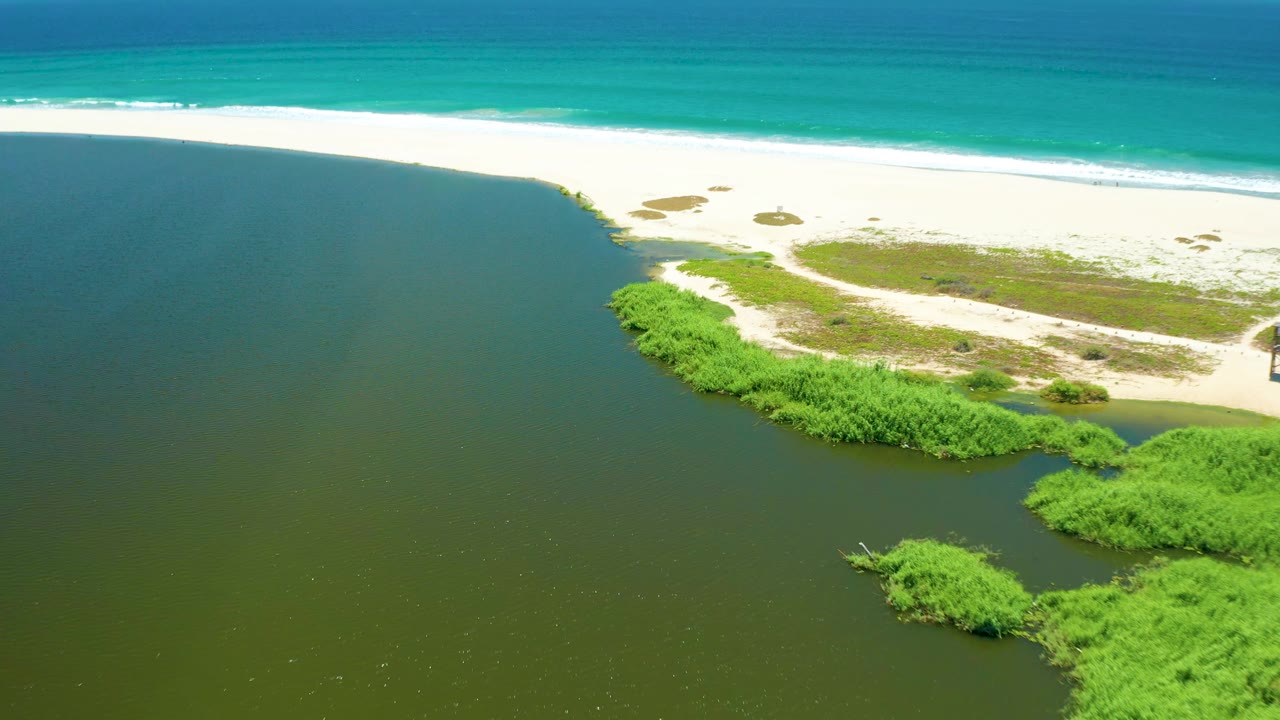 Aerial coastal river mouth with green vegetation and white sand beach