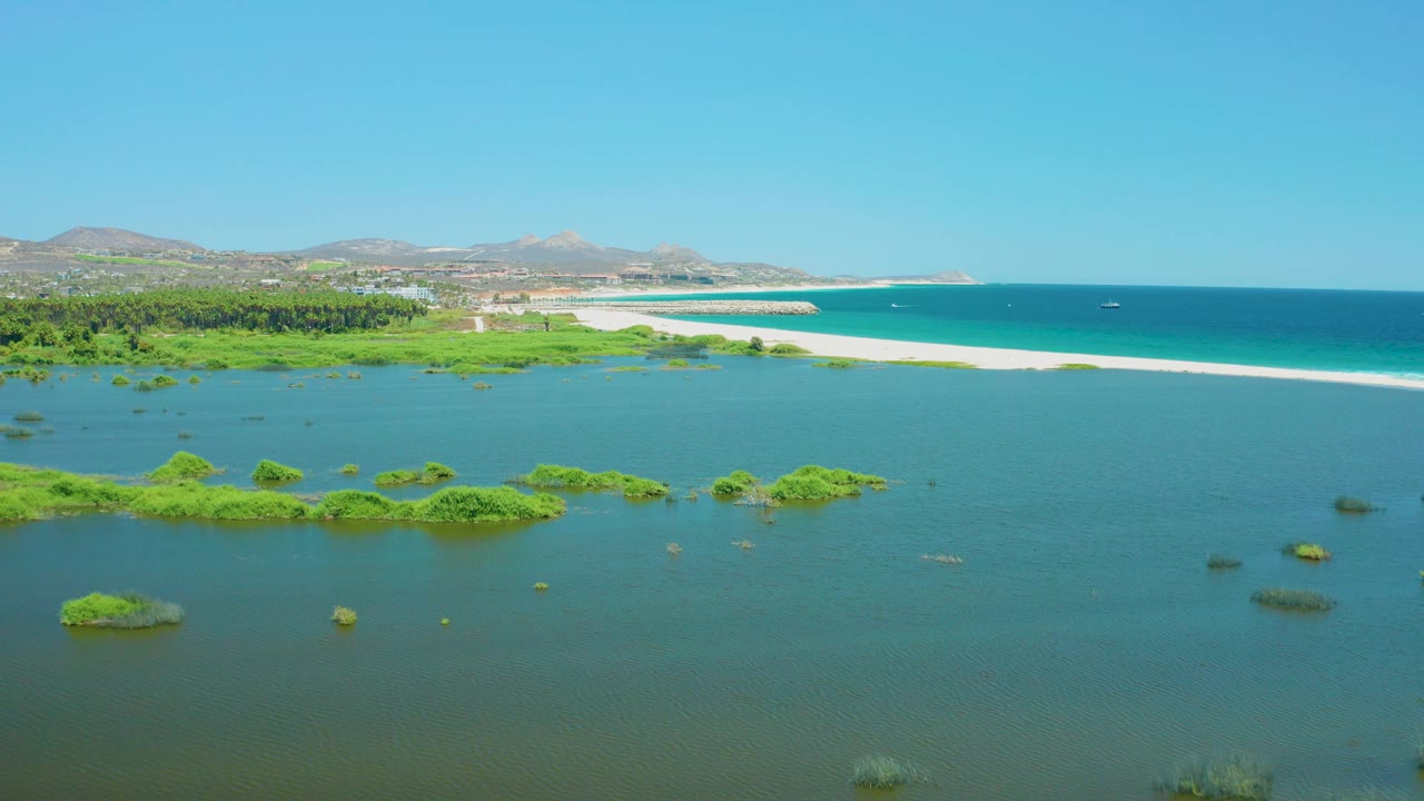 San Jose Del Cabo Estuary appears from above with a broad foreground of blue-green water, clustered wetland plants near center, a pale sandy shoreline, ocean water, distant hills, and no visible people.