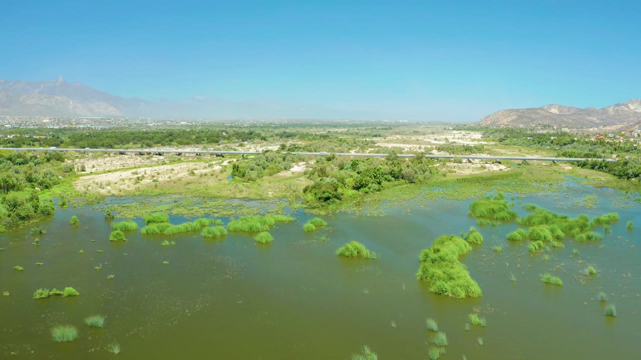 Wide aerial view of the San Jose del Cabo Estuary with clustered green vegetation in shallow floodwater, a pale road across the midground, distant settlement, mountains, and no visible people.