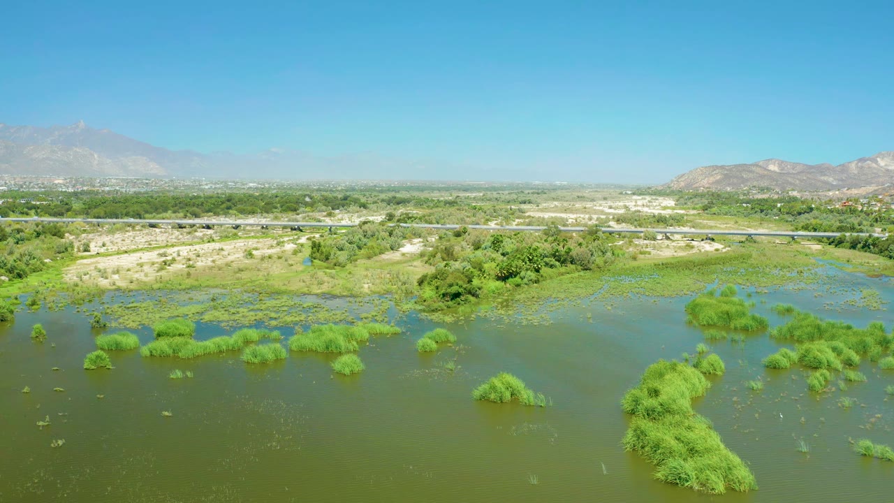 Wide aerial over green wetland plants with road traffic and mountains beyond.