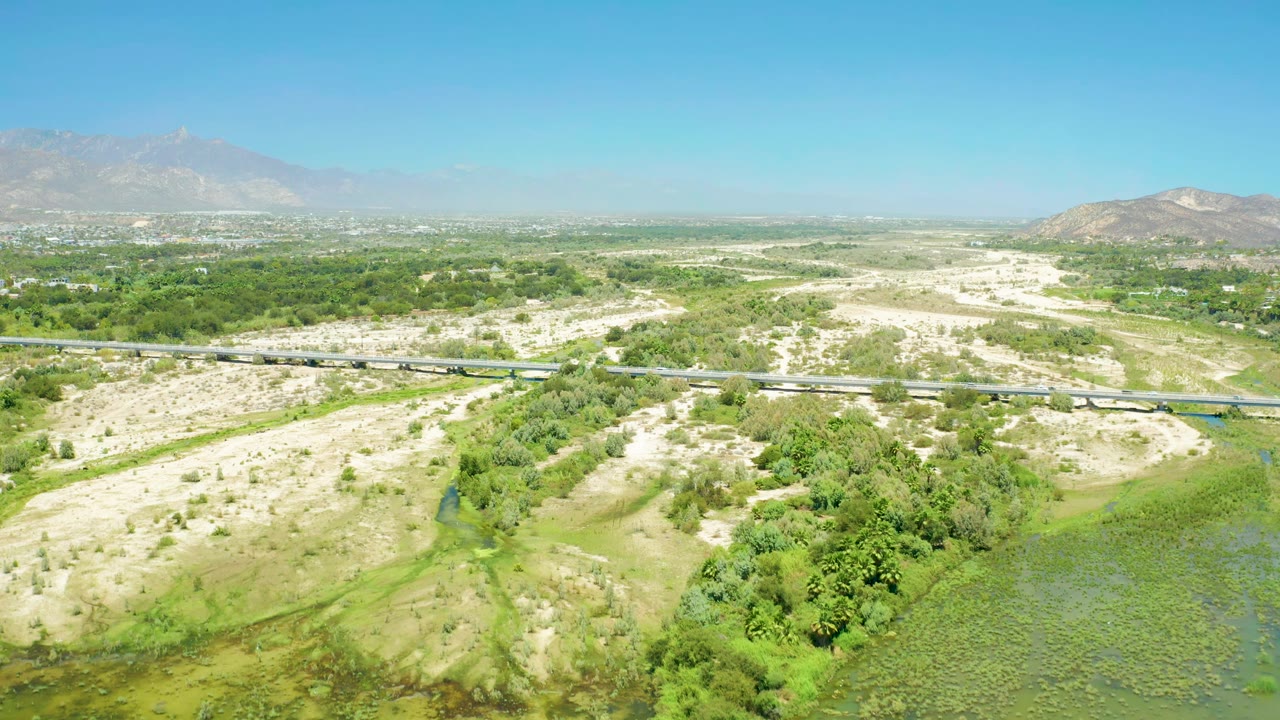 Aerial view over San Jose del Cabo Estuary showing the train farther along the bridge, dense green growth in the foreground, pale sandy ground, mountains on the horizon, and no visible people.