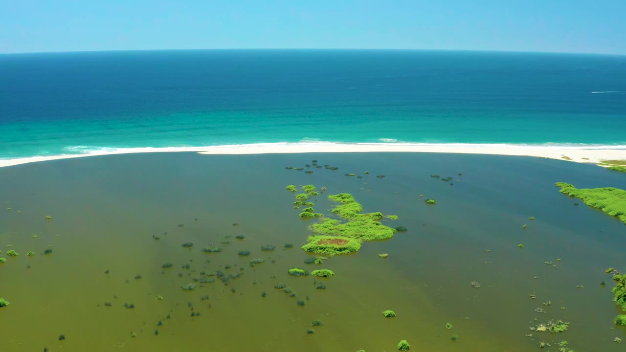 Aerial view at 0:01 over San Jose del Cabo Estuary, showing scattered green wetland growth in shallow water, a bright sand beach, turquoise surf, deep blue sea, and no visible people.