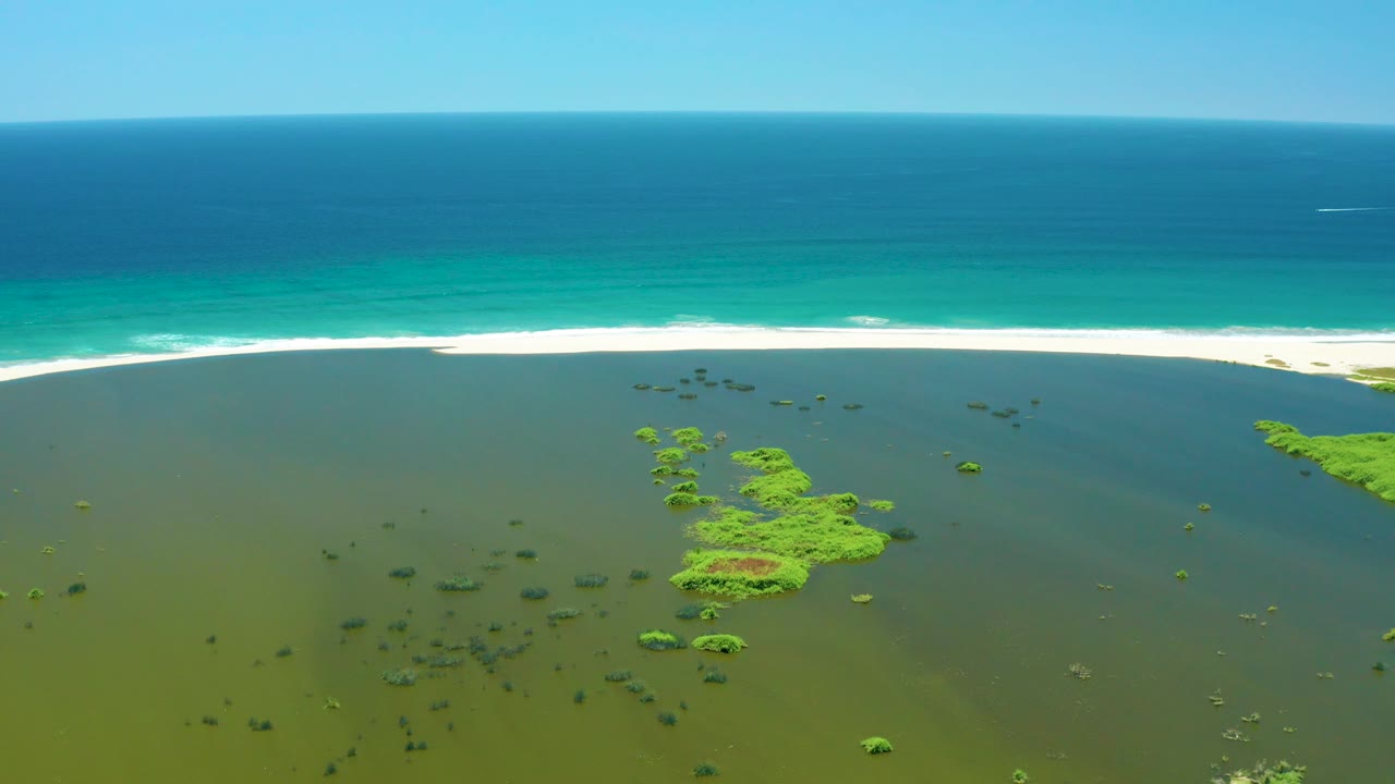 San Jose del Cabo Estuary aerial at 0:03 with bright green wetland growth in shallow water, a long white beach crossing the frame, turquoise waves behind it, and no visible people.