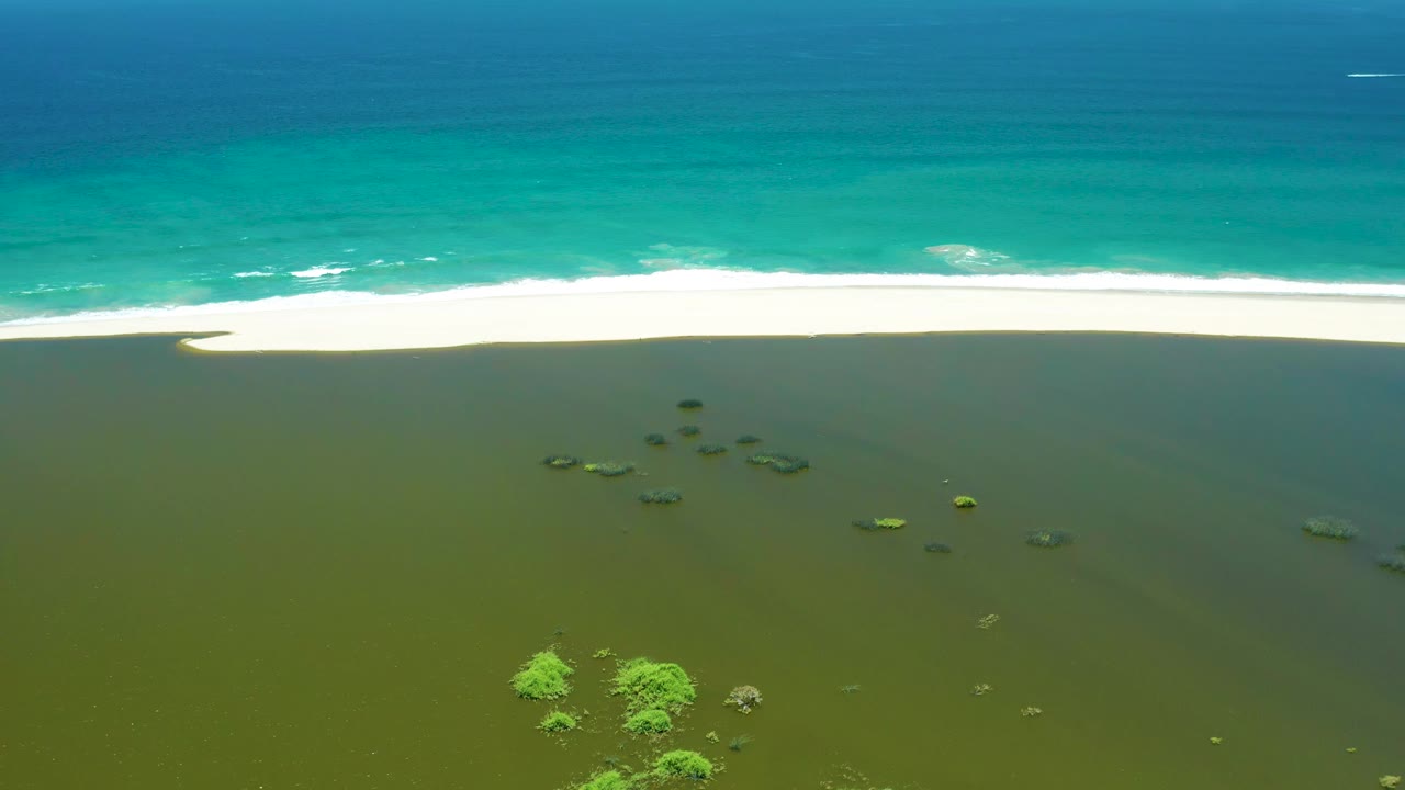 Aerial frame at San Jose del Cabo Estuary showing the bright surf band pulled slightly along the sand, green shallows with scattered dark rocks, small mangrove clumps near the lower edge, and no visible people.