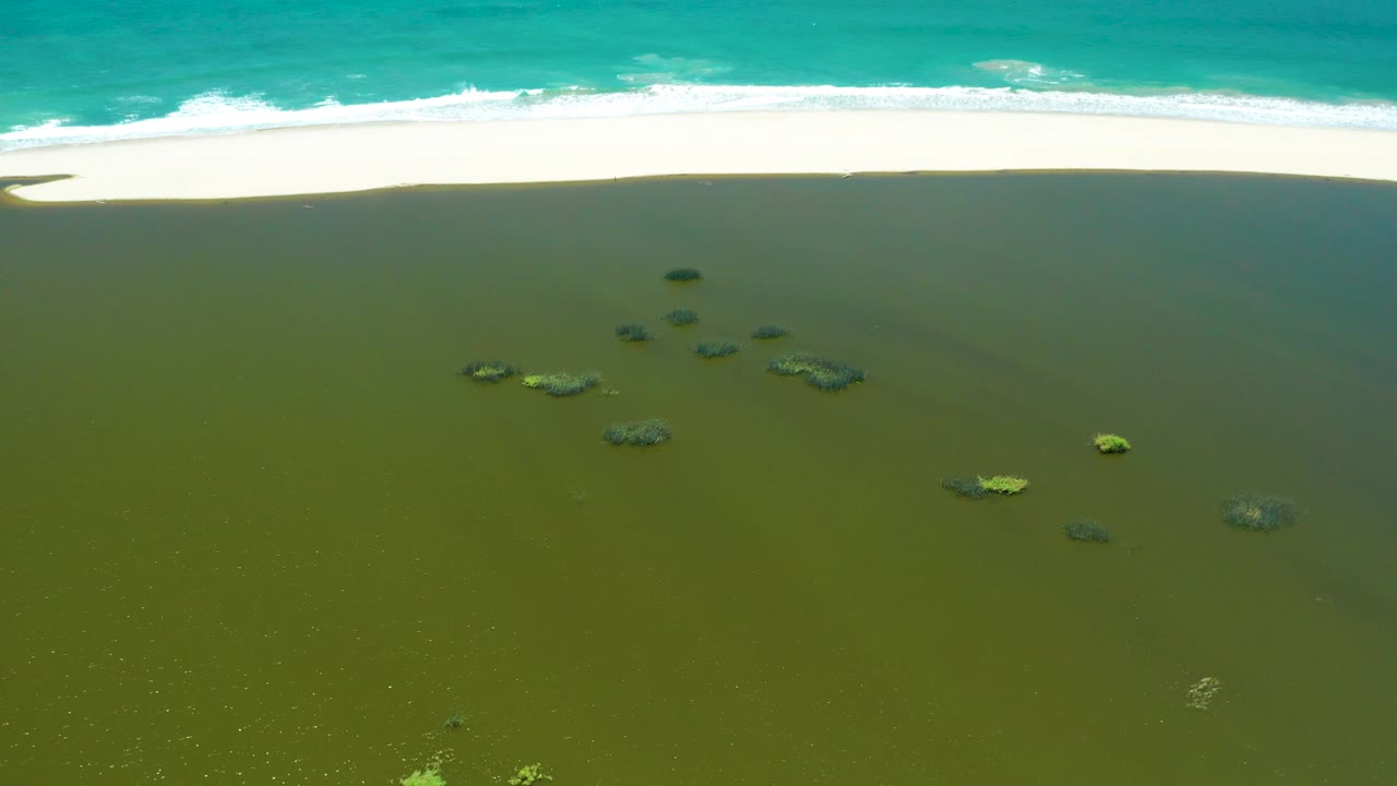 At 0:03, the aerial frame shows more open green shallow water below clustered algae patches, with the white beach and turquoise wave foam continuing across the top of the San Jose Del Cabo Estuary shoreline and no visible people.