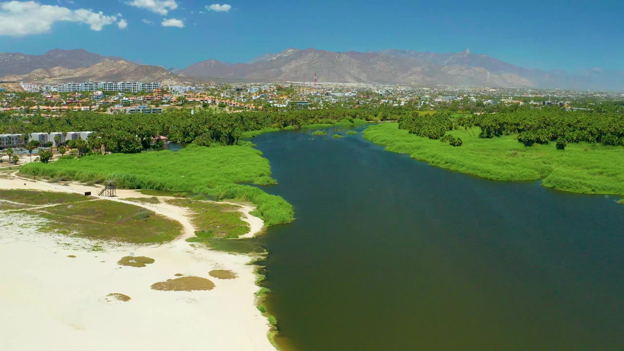 Aerial view of a river beside sandy shore and green wetlands