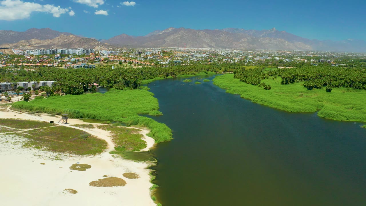 Aerial frame of the San Jose del Cabo Estuary with a curved sandy shore in the foreground, river water beside dense green vegetation, low buildings near the trees, hazy mountains, and no visible people.