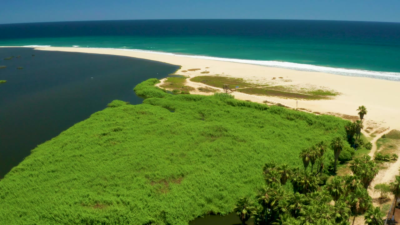 San Jose del Cabo Estuary appears from above with the river mouth at left, dense green vegetation in the lower frame, a broad pale beach, turquoise ocean surf, and no visible people.