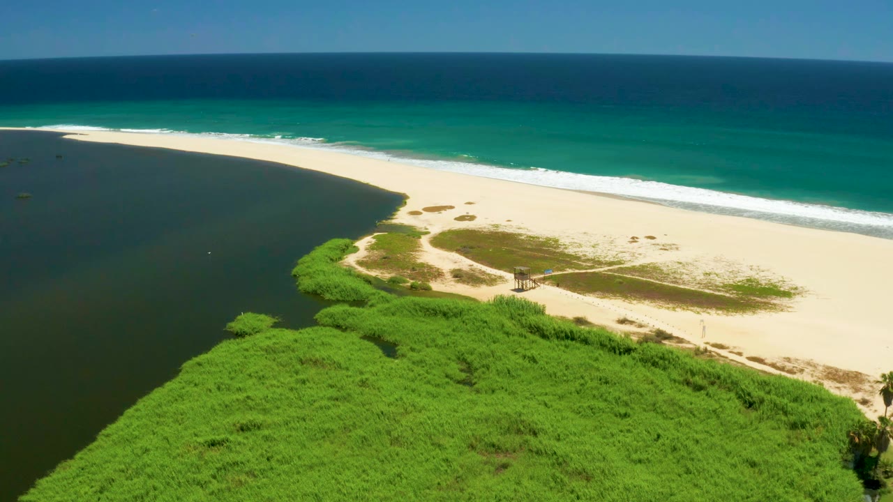 San Jose Del Cabo Estuary aerial view with inlet water along the left edge, thick green vegetation below, a bright sandbar in the middle, ocean surf in the distance, and no visible people.