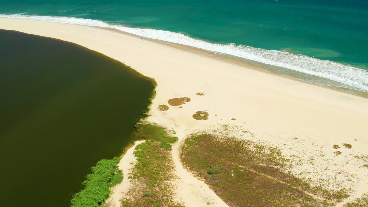 Aerial view at 0:01 over San Jose Del Cabo Estuary, where the lagoon edge curves into the beach and white foam runs along the upper shoreline, with no visible people.