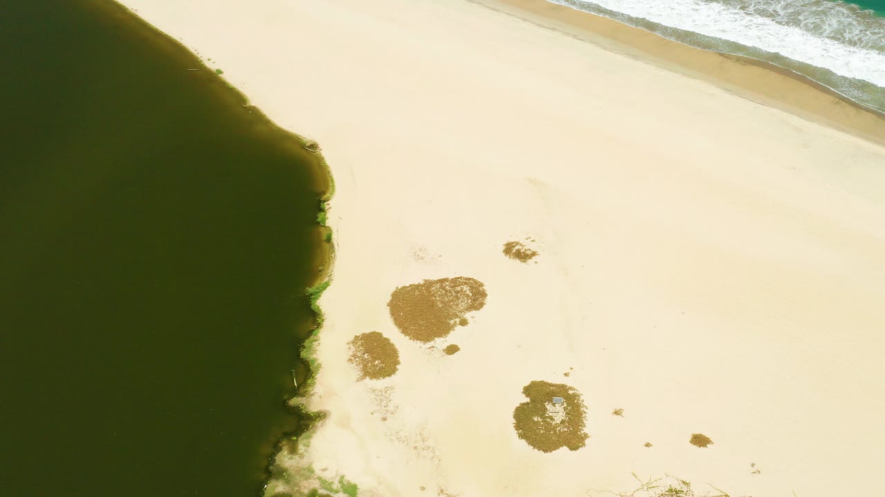 Overhead San Jose Del Cabo Estuary beach frame with dark green water running down the left edge, pale sand through the center, scattered brown patches, and no visible people.