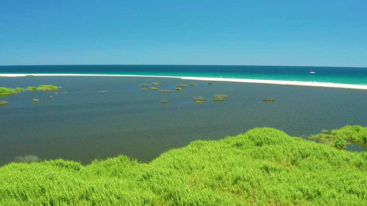 Aerial view of green lagoon vegetation, shallow water, sand bar, and ocean