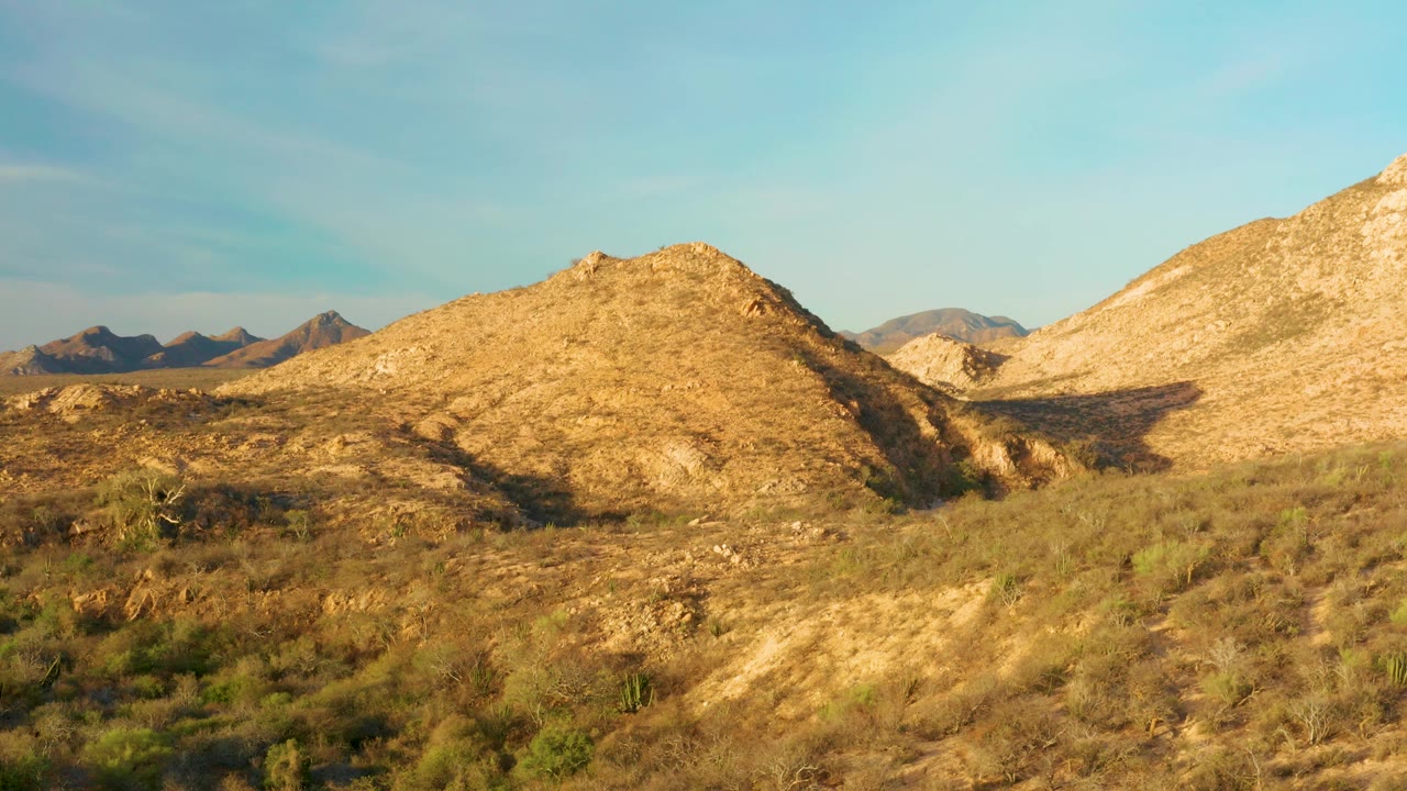 Desert brush foreground with rocky hill and clear sky.