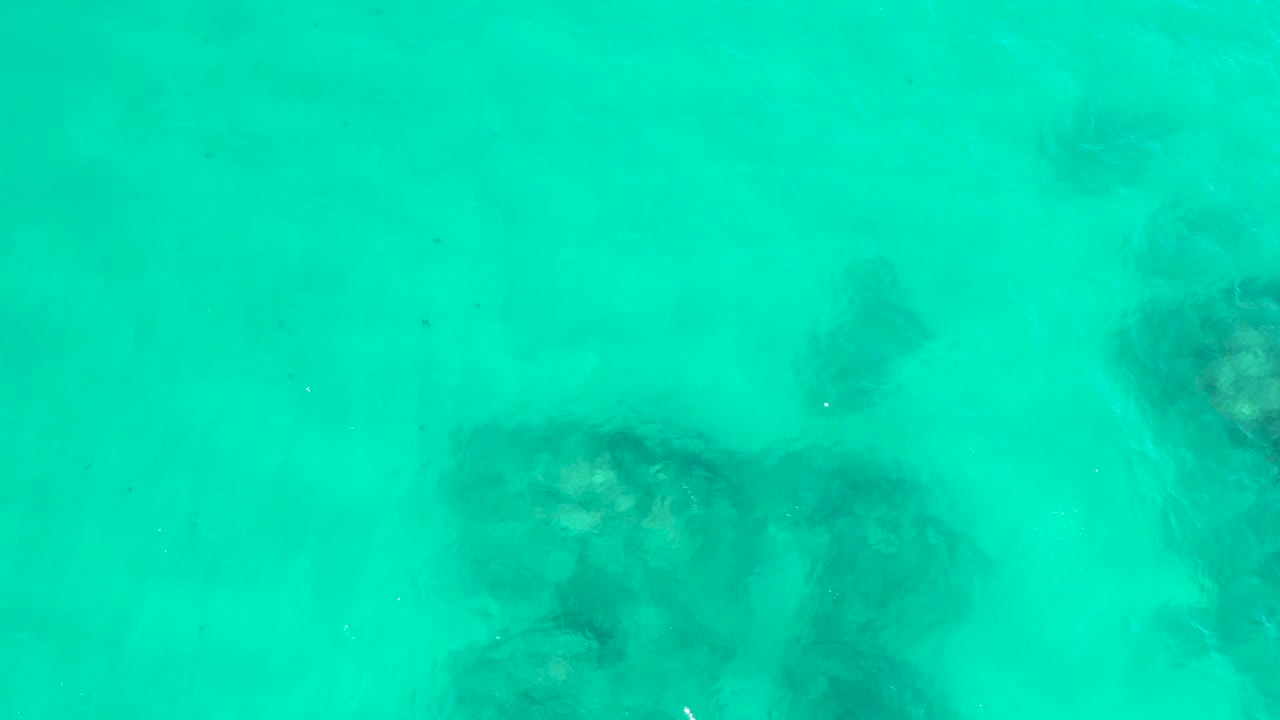 Clear blue-green water at Hilton Los Cabos, Mexico, reveals a darker rock cluster low in frame as the rippled surface softens its edges, with no visible people.