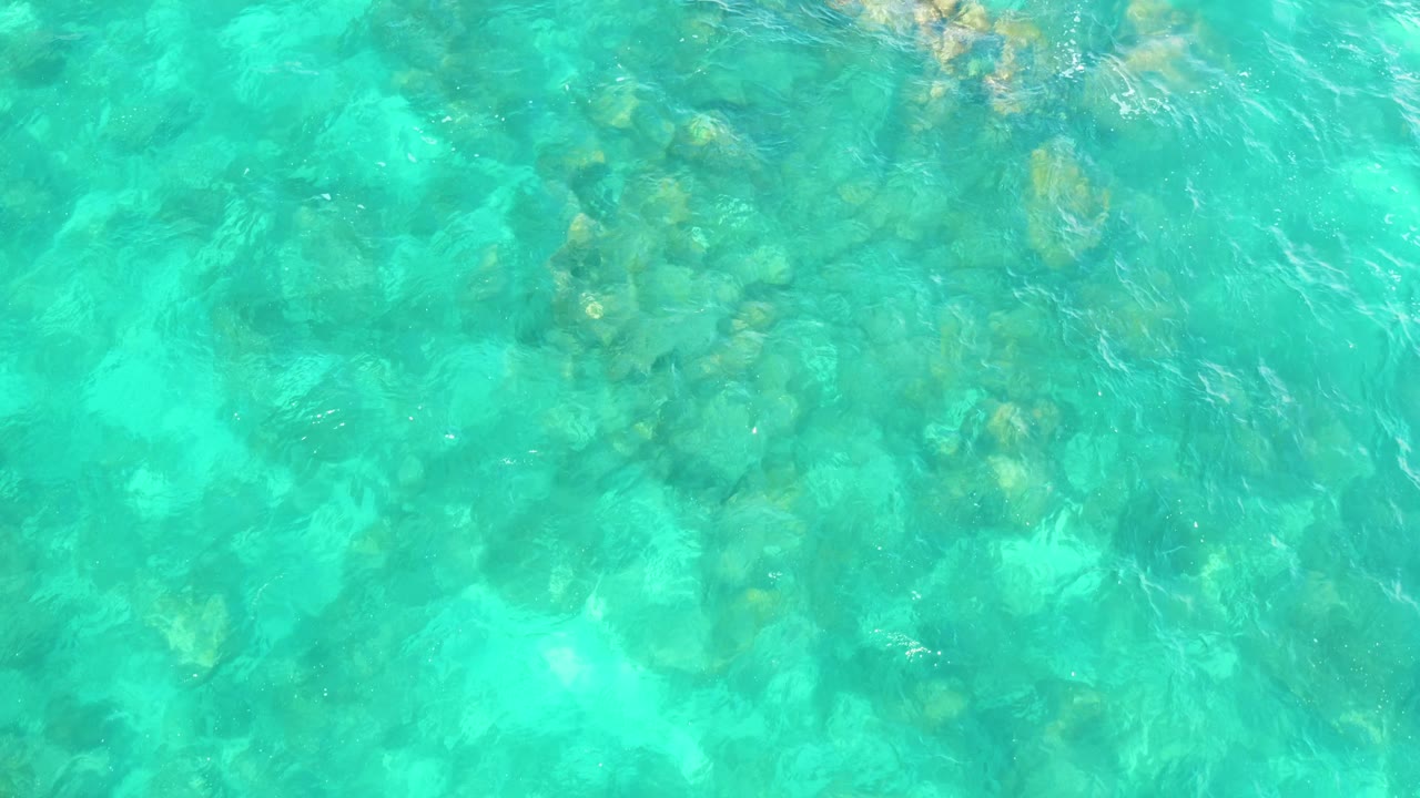 Rocky seabed remains visible through transparent turquoise water, with faint foam near the upper rock line at Hilton Los Cabos, Mexico, and no visible people.