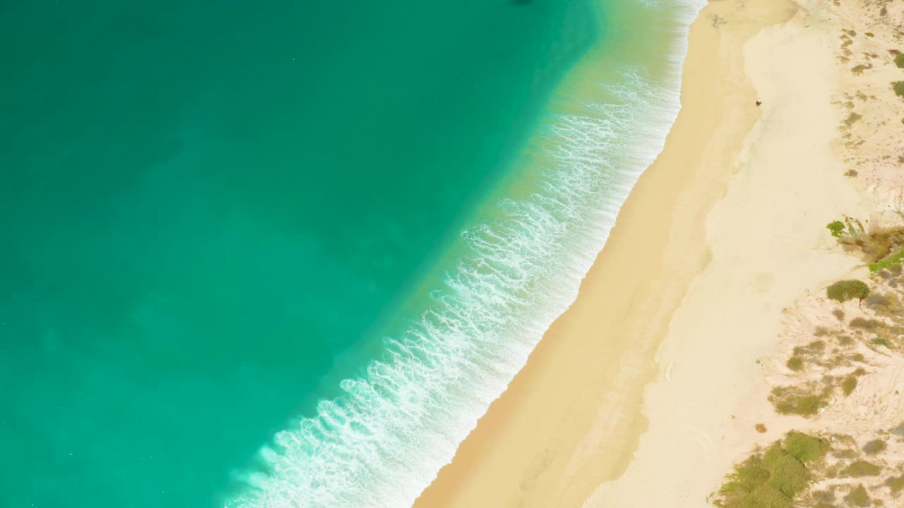 High overhead view at Hilton Los Cabos with a broad turquoise water area, white wave foam curling into pale sand, beach scrub at the right edge, and no visible people.