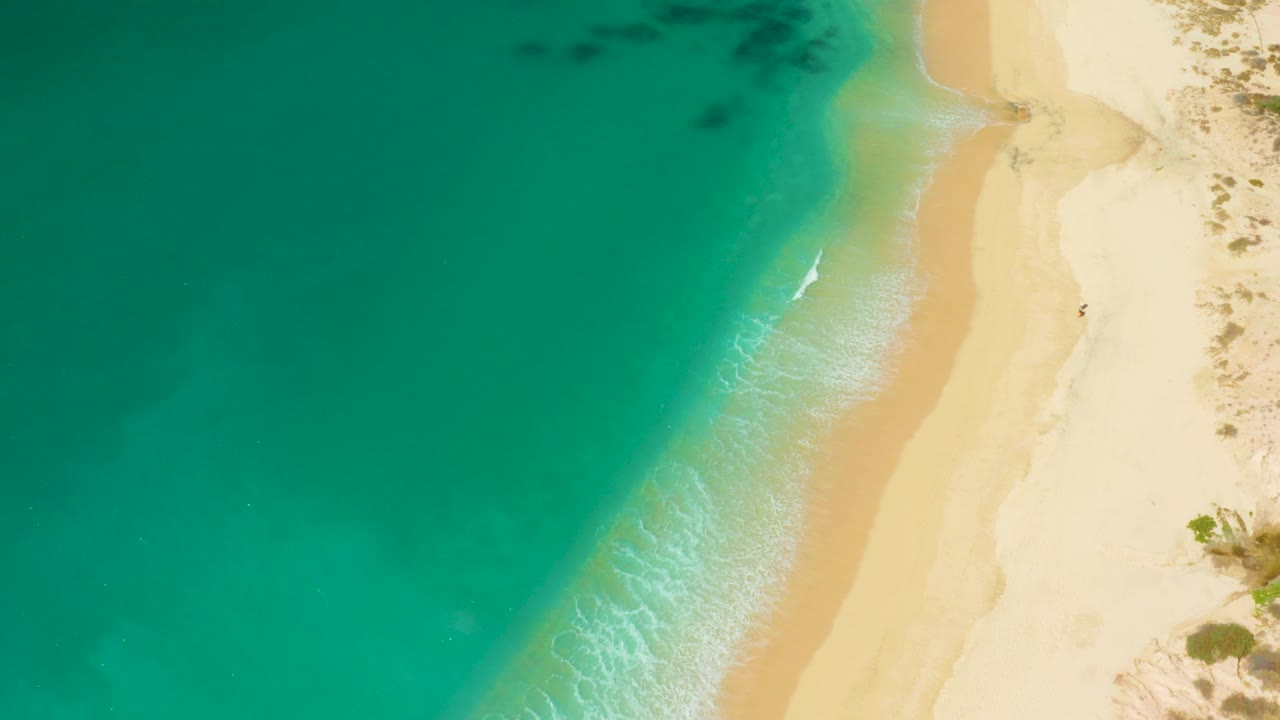 Top-down view at Hilton Los Cabos, Mexico with turquoise water on the left, pale sand on the right, a thin white wave line at the shore, and no visible people.