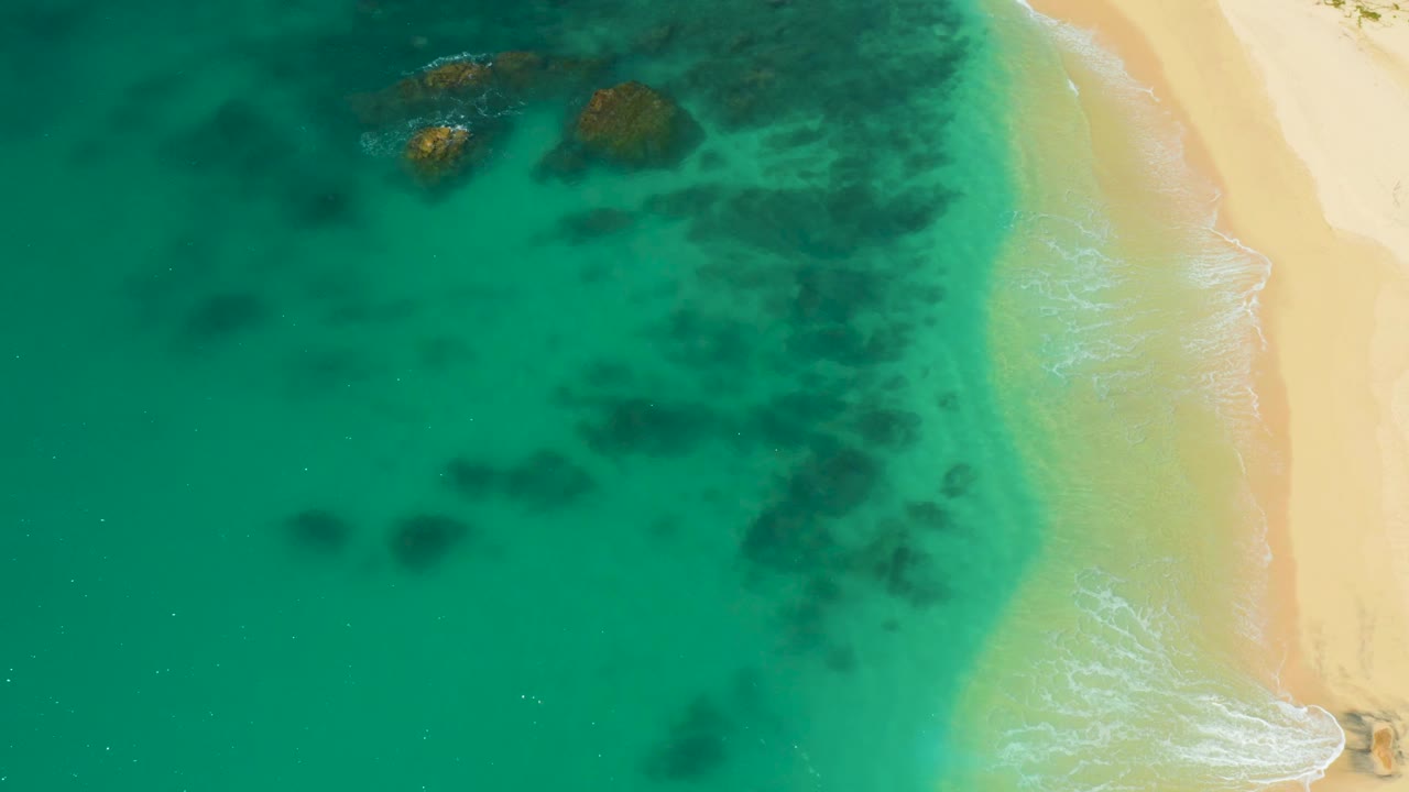 Overhead Hilton Los Cabos shoreline with green-blue water, a curved strip of wet sand, faint foam lines, dark underwater features, and no visible people.