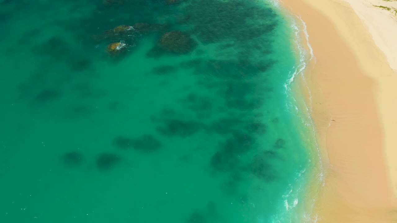 Aerial view at Hilton Los Cabos, Mexico with green-blue water taking most of the frame, a curved sandy shoreline on the right, faint wave foam, and no visible people.