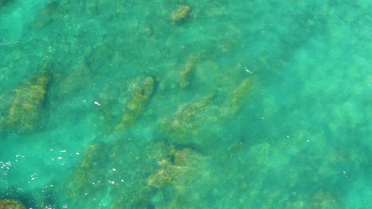 Green-blue shallow water covers a rocky seabed with muted yellow-brown marine growth at Hilton Los Cabos, Mexico, with no visible people.