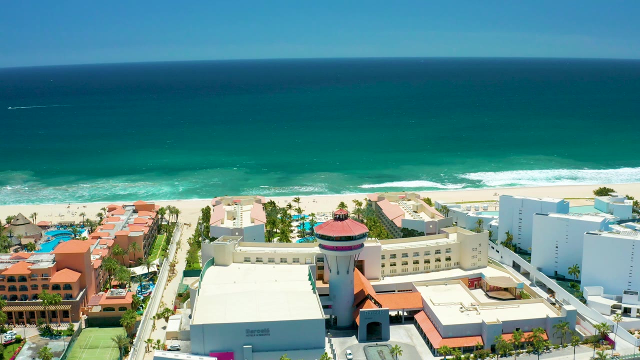 Aerial coastal resort view with ocean and beach