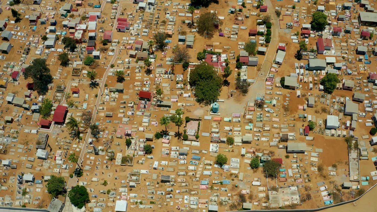 Aerial view of small roofs and dirt lanes