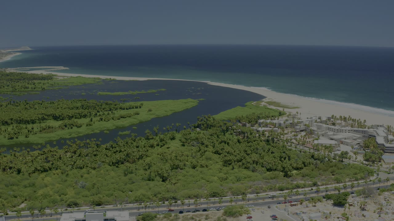 San Jose del Cabo aerial frame with dark estuary water curving through green vegetation toward a pale beach, ocean in the background, roadside traffic below, and no visible people.
