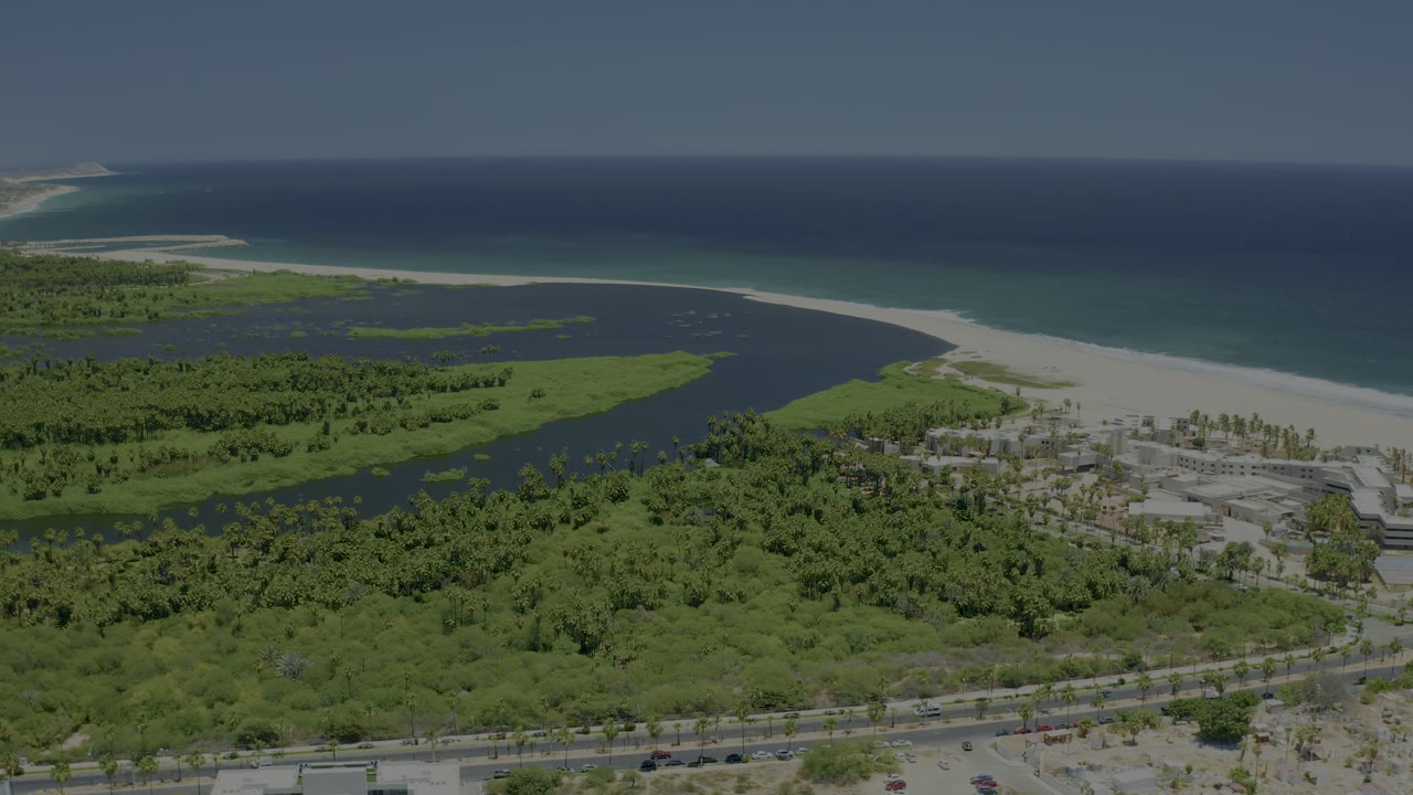 High aerial view in San Jose del Cabo showing wetland greenery, dark estuary water, a broad sand strip, blue-green ocean, small vehicles on the road, and no visible people.