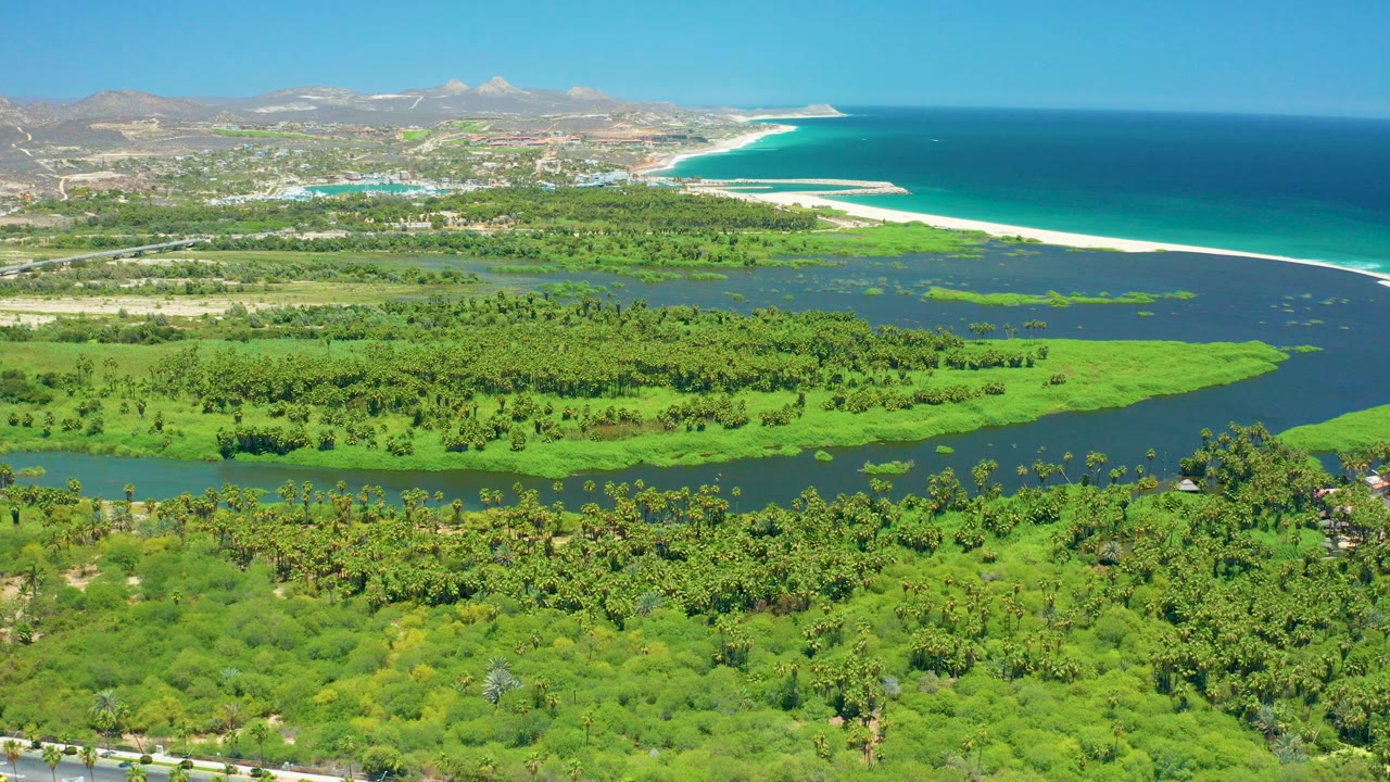 Wide aerial frame over San Jose Del Cabo with a green river corridor in front, a road at the bottom edge, beach and turquoise ocean beyond, distant hills, and no visible people.