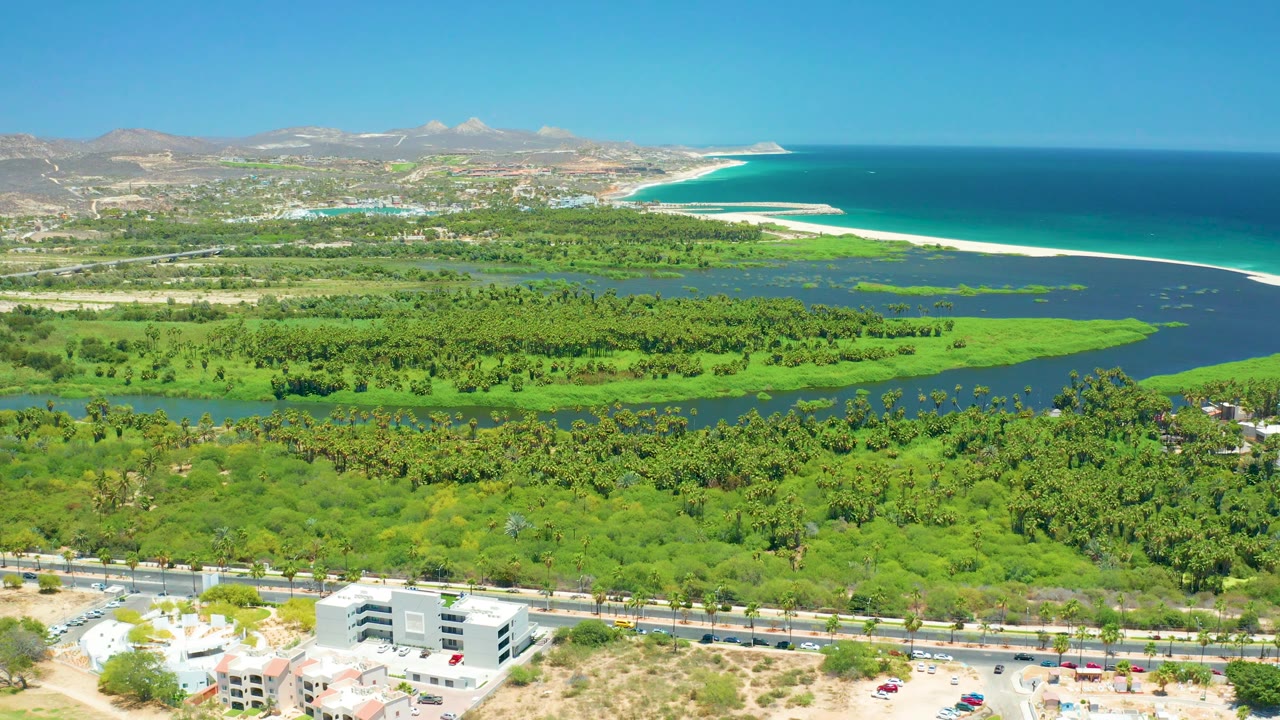 Coastal wetland aerial with foreground buildings and distant ocean.