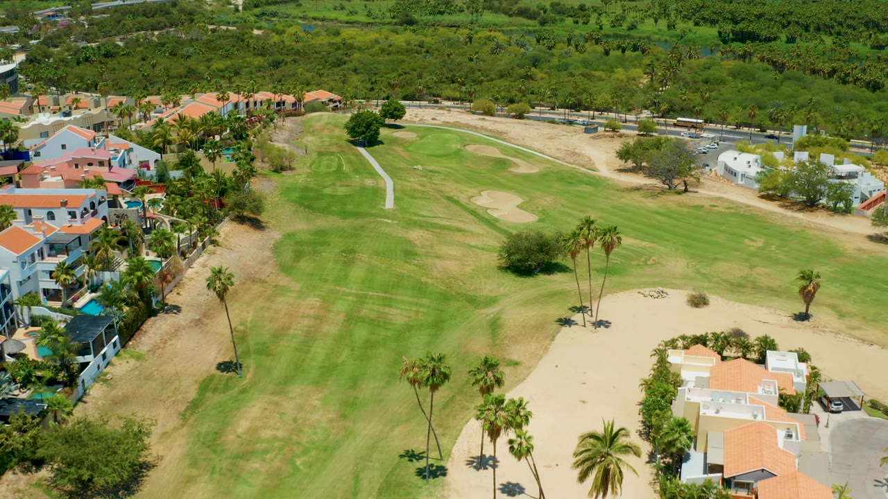 Elevated San Jose Del Cabo view with the golf green higher in frame, sand traps to the right, homes at the left and lower edge, palm clusters, and no visible people.