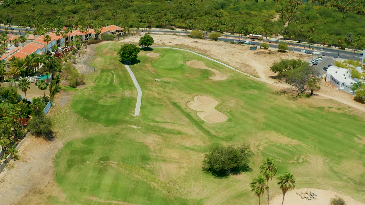 San Jose Del Cabo aerial frame with a golf green near the upper center, curved sand traps on the right, palm trees at the lower edge, road traffic at the top, and no visible people.