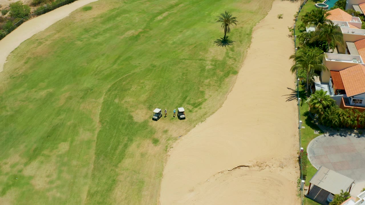 Drone-like overhead frame of the San Jose del Cabo course with two golf carts near the lower grass, a single tall palm casting a shadow, beige sand, and residential roofs at frame right, with no visible people.