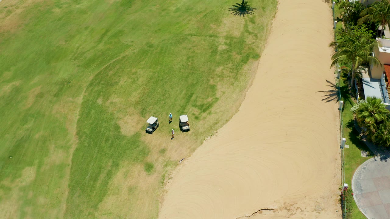 Overhead San Jose del Cabo frame showing two golf carts and a person on patchy green grass beside a wide sandy path and palm-lined paved edge.