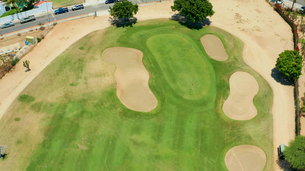Overhead frame of a San Jose del Cabo golf green bordered by pale sand traps, dry grass, roadside cars, trees, and no visible people.