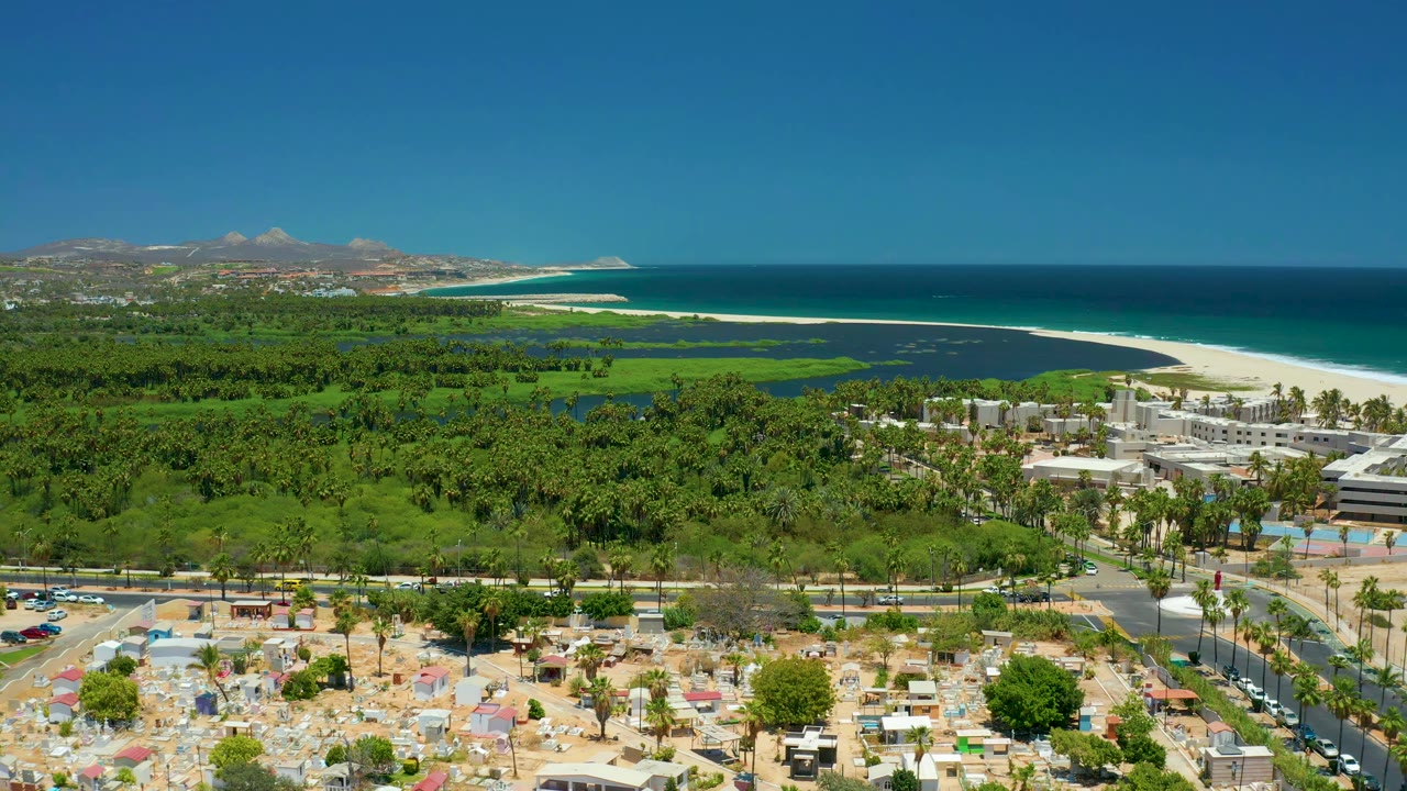 Aerial coastal view with ocean, beach, palms, buildings, road, and parking area.