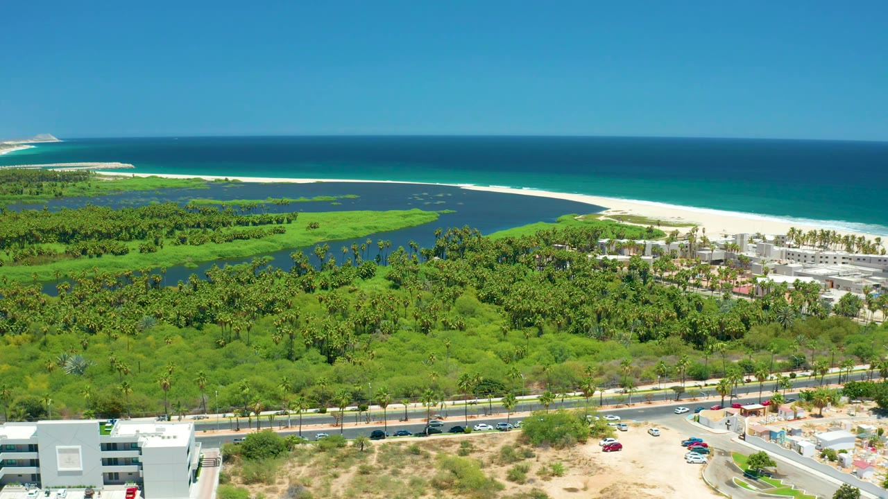 San Jose Del Cabo aerial view showing roadside buildings and cars in the foreground, a wide belt of greenery and wetlands, pale sand, blue water, and no visible people.