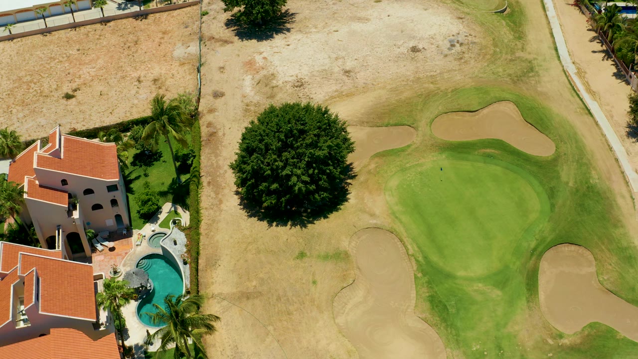 Overhead golf green with a large tree, sand traps, dry grass, and villa edge.