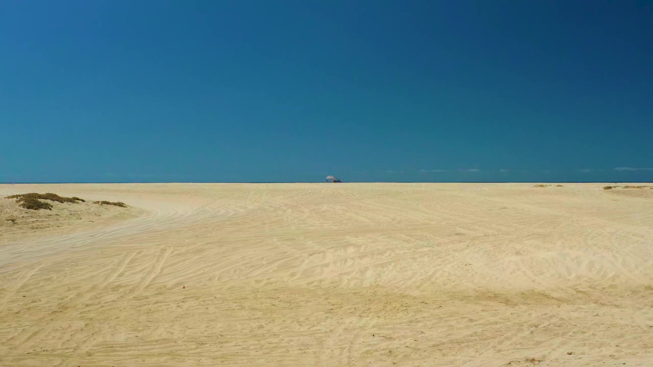 La Laguna Beach Los Cabos appears as a wide open sand field with faint track marks, scattered dune vegetation, a blue ocean band, clear sky, and no visible people.