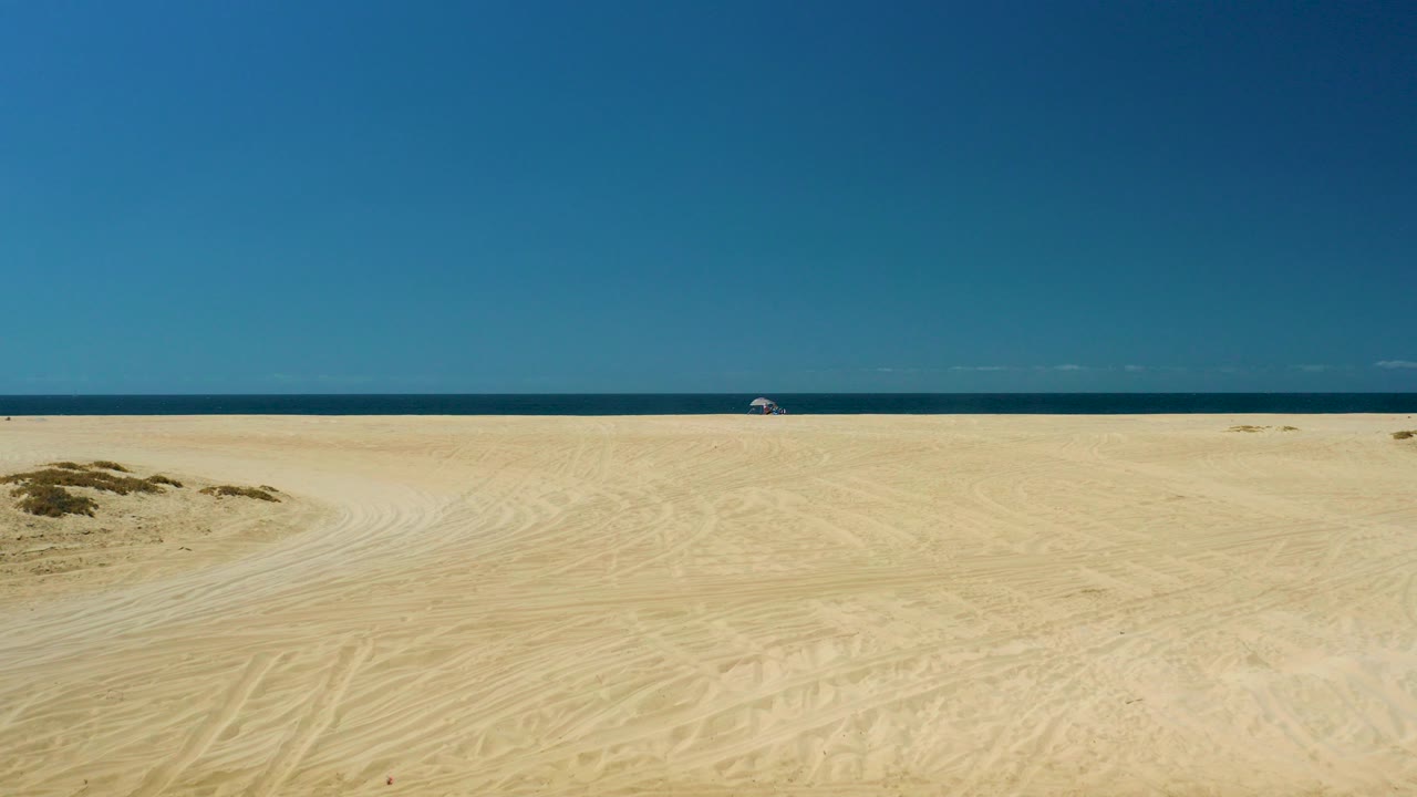 Wide view of La Laguna Beach Los Cabos with pale sand and tire tracks in the foreground, low dune patches, a dark ocean band, clear blue sky, and a tiny distant beach umbrella with a person nearby.